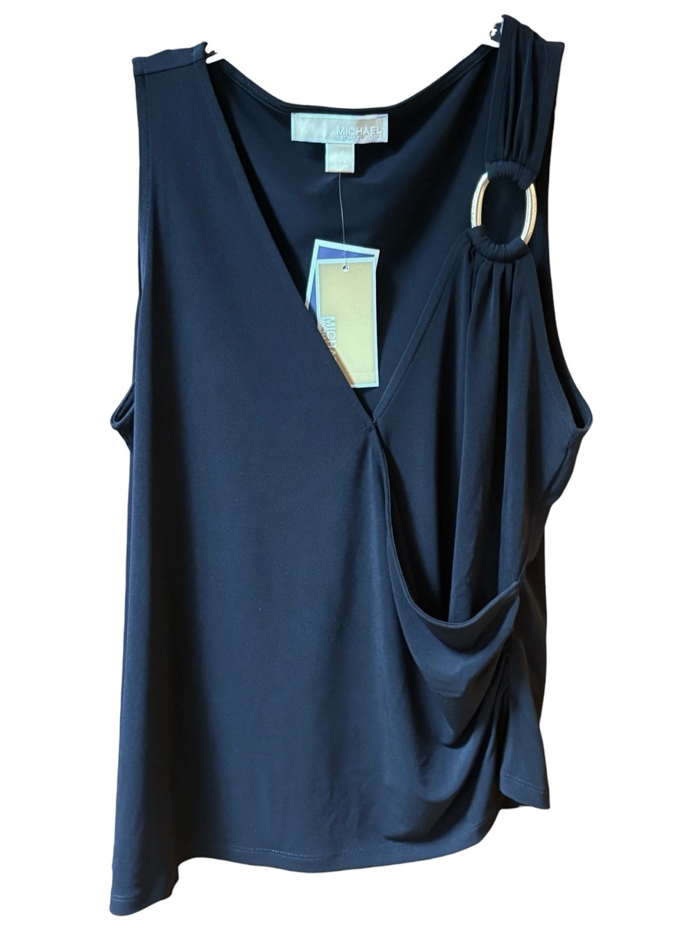 MICHAEL Michael Kors Black Sleeveless Draped Ring-Accent Top L NWT